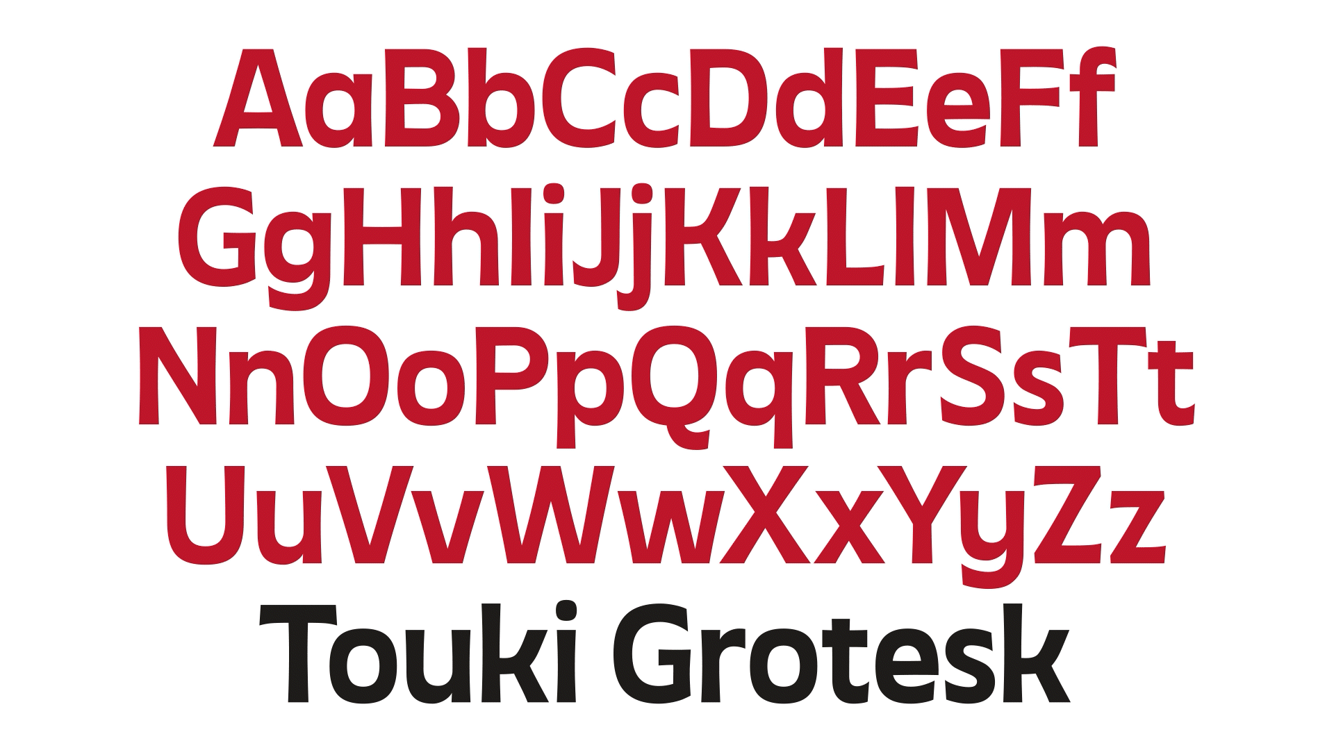 Touki Grotesk typeface preview showing all weights and styles